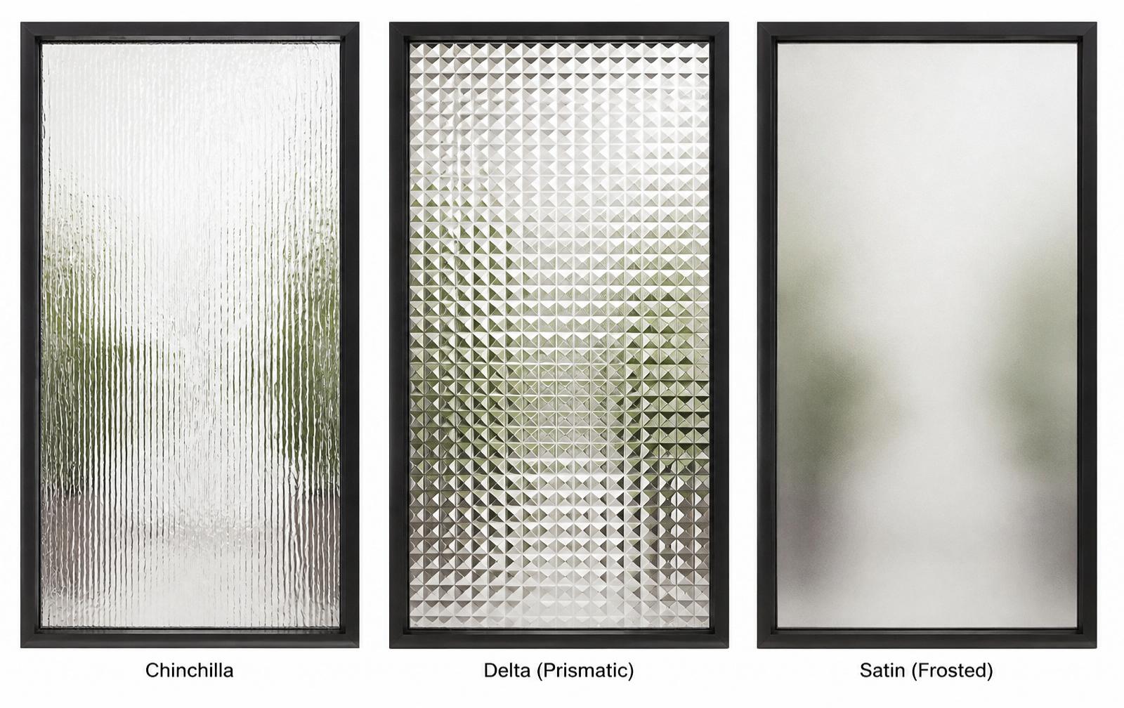 Drie figuurglas-patronen: Chinchilla, Delta (prismatisch) en Satinato